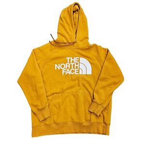 The North Face Hoodie Womens Size L Mustard Yellow Spellout Logo Gorpcore